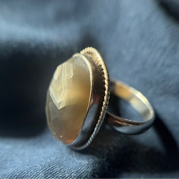 Sterling Silver 926 Large Faceted Oval Banded Agate Stone Ring 6.5 - Picture 4 of 9